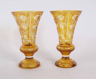 Pair of Amber Cut to Clear Vases