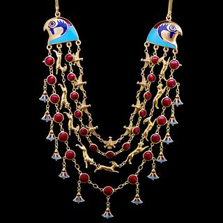 EGYPTIAN REVIVAL GOLD AND ENAMEL 4-ROW NECKLACE
