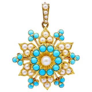 -NO RESERVE- ANTIQUE VICTORIAN TURQUOISE AND PEARL STAR PENDANT/BROOCH