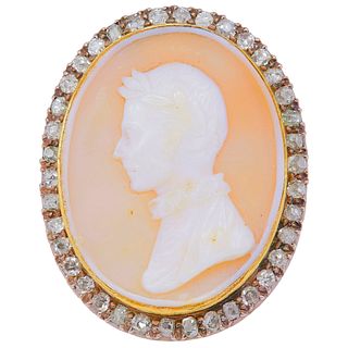 -NO RESERVE- ANTIQUE CARVED SHELL CAMEO AND DIAMOND BROOCH