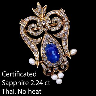 CERTIFICATED ANTIQUE SAPPHIRE DIAMOND AND PEARL PENDANT/BROOCH
