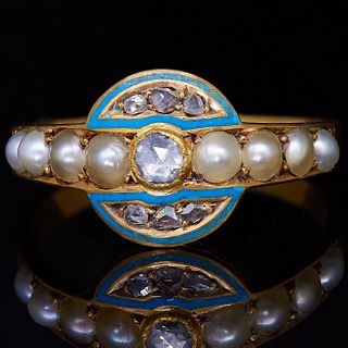 -NO RESERVE- ANTIQUE DIAMOND ENAMEL AND PEARL DRESS RING