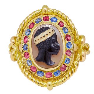  ANTIQUE SAPPHIRE AND RUBY BLACKAMOOR CAMEO RING