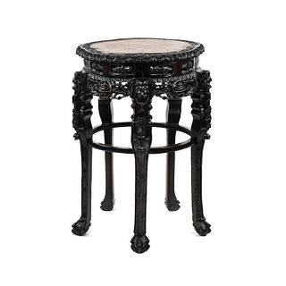 Chinese Rosewood Carved Marble Top Pedestal Table