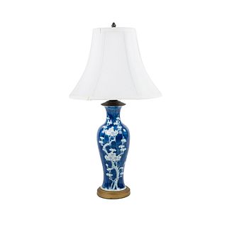 Chinese Blue and White Painted Cherry Blossom Table Lamp