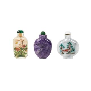 (3) Chinese Snuff Bottles - Amethyst & Marble