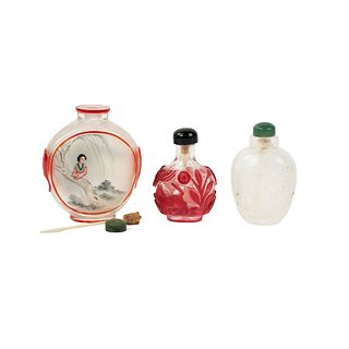 (3) Chinese Snuff Bottles - Reverse Painted Quartz Red