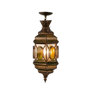 Moorish Style Bronze & Green Glass Hanging Lantern