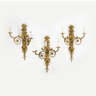 Set of 3 French Louis XVI Style Brass Cherub Sconces