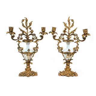 Pair of French Gilt Bronze Two Arm Vase Candelabras