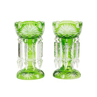 Pair of Bohemian Green Cut Glass Mantle Lusters