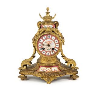 French Gilt Bronze Porcelain Cherub Painted Mantel Clock