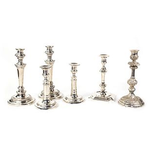 Grouping of Six Silver-Plated Candlesticks