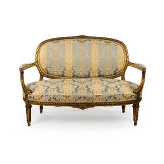 French Louis XVI Style Blue and Gold Silk Settee