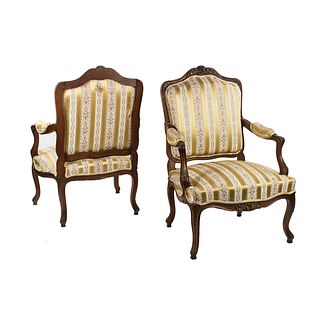 Pair of French Louis XV Gold Silk Upholstered Armchairs