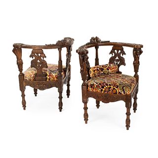 Pair of 19th C Italian Carved Cherub Corner Chairs