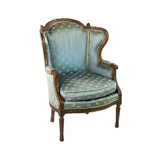 French Louis XVI Gilt Silk Upholstered Wingback Chair