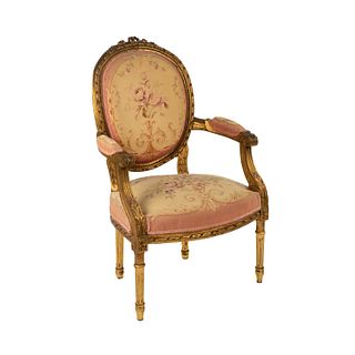French Louis XVI Style Petipoint Fauteuil Gilt Armchair