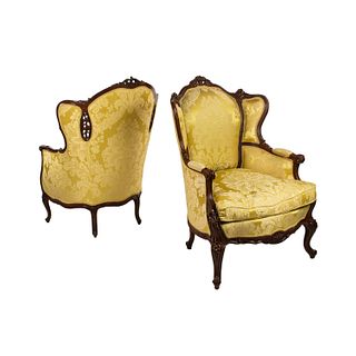 Pair of French Louis XV Gold Silk Wingback Chairs