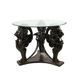 Neoclassical Style 4 Lion Mount Bronze Glass Center Table