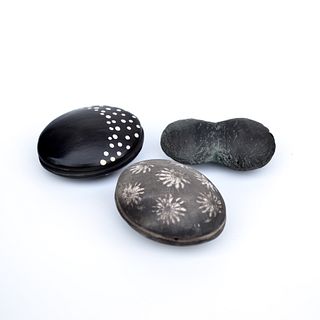 Trio of Smoke Fired Ceramic Seed Pods(shiny black,floral, teal)
