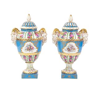 Pair of Dresden Germany Porcelain Floral Lidded Urns