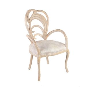 Floral Vine Form Carved Back Upholstered Arm Chair