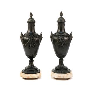 Pair of Antique French Spelter Mantel Urns