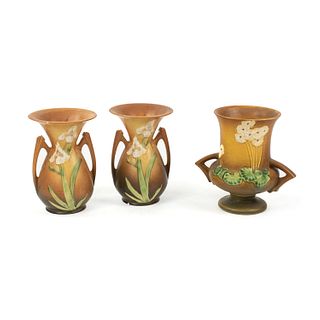 Group of 3 Roseville Pottery Iris and Primrose Vases