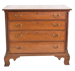 Cherry Chippendale Chest
having molded top over four graduated drawers flanked by columns, all set on ogee feet with quadrant base, original brasses, 