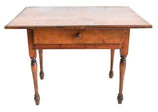 Queen Anne Maple Tavern Table
with drawer, on turned legs with unusual feet
18th century
replaced top
height 26 inches, top 29 1/4 x 37 3/4 inches