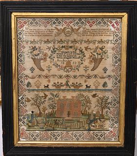 Early 19th Century Needlework Sampler
Ann Apsbey, 1813
depicting a house with farmyard of animals and people, cornucopia of flowers along with a beehi