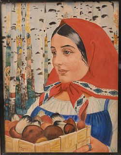 Unknown Artist
watercolor
Russian young woman holding a box of fruit with white birch tree landscape
signed lower left
1920?
18 1/4 x 14 inches
