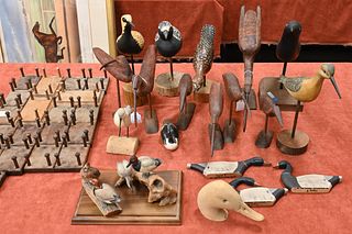 Group of 19 Carved Decoys and Shore Birds
to include a Lemuel Ward duck head; Harold Morse, 1967 Best in Show; 1942 one of a kind James Ahearn mini re
