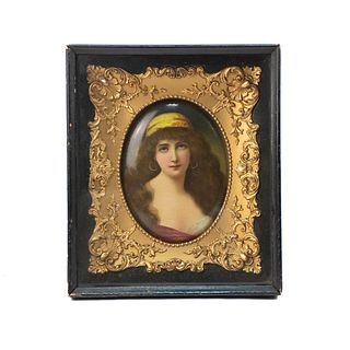 Late 19th C Ovular Girl Portrait Painting on Tin