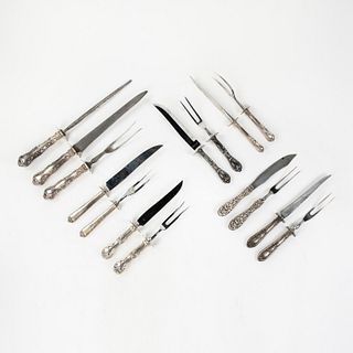 Grouping of Seven Sterling Handled Poultry Carving Sets