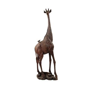 Large African Carved Ironwood Giraffe and Bird Sculpture