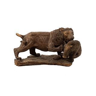 African Carved Ironwood Lion Attacking Boar Sculpture