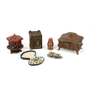 Grouping of Cast Iron Trinket Coin Banks and Pins