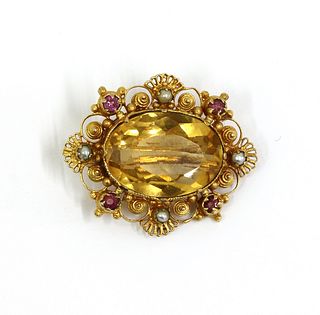 A Regency gold citrine, split pearl and ruby brooch,