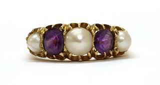 A gold split pearl and amethyst five stone ring,