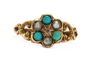 A Victorian gold diamond, turquoise and split pearl daisy cluster ring,