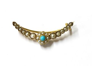 A late Victorian gold turquoise and split pearl open crescent brooch,