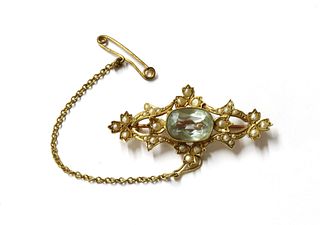 An Edwardian gold aquamarine and split pearl brooch,