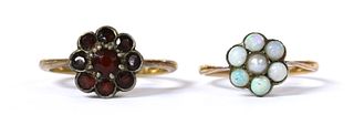 A gold and silver, split pearl and opal cluster ring,