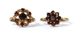 Two 9ct gold garnet cluster rings,