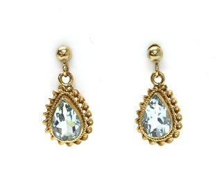 A pair of 9ct gold single stone aquamarine drop earrings,