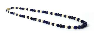 A single row graduated lapis lazuli bead and cultured pearl necklace,