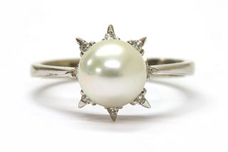 A white gold cultured pearl and diamond cluster ring,