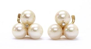 A pair of gold trefoil cultured pearl and diamond earrings,